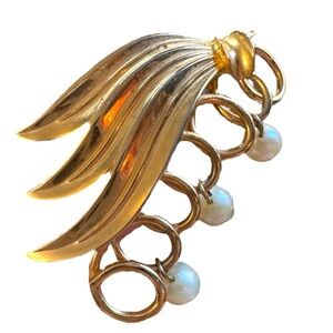 Vintage 1950s Triad  Gold and Pearl Brooch antiqued floral Crystal Brooch